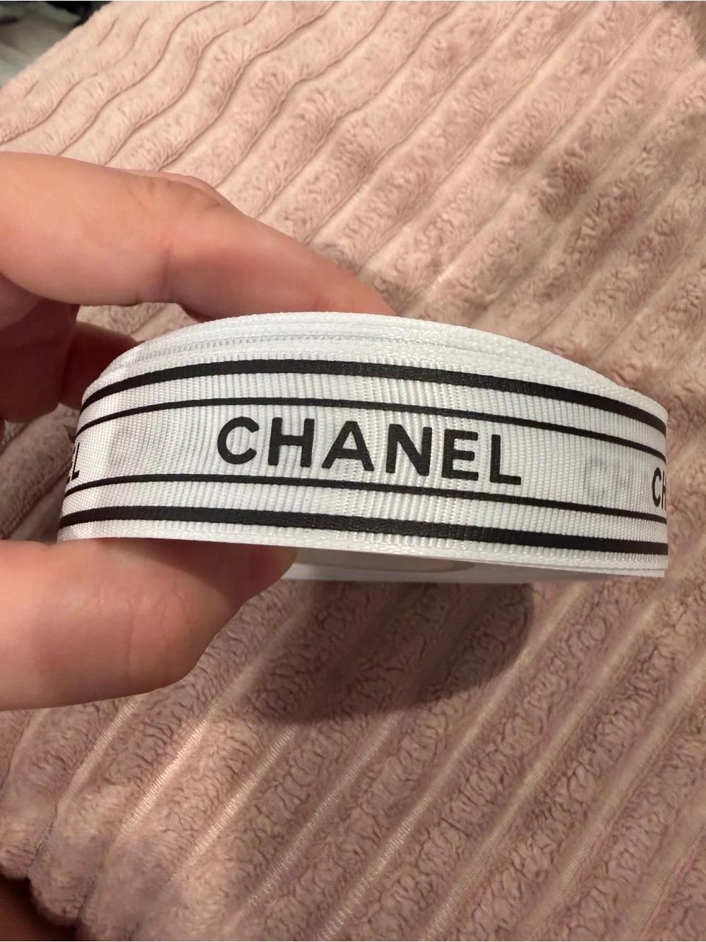 CHANEL White Ribbon with Black Logo Stripes 40 yards